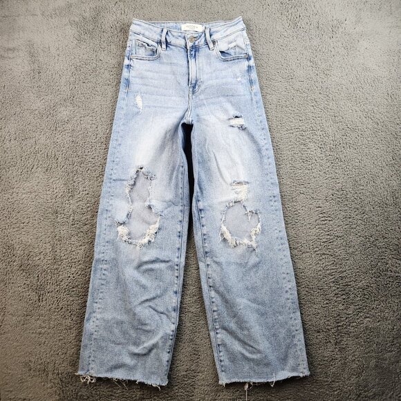 Hidden Denim - Hidden Nori Wide Leg Stretch Jean Womens Size 24 High Rise Destructed Light Blue